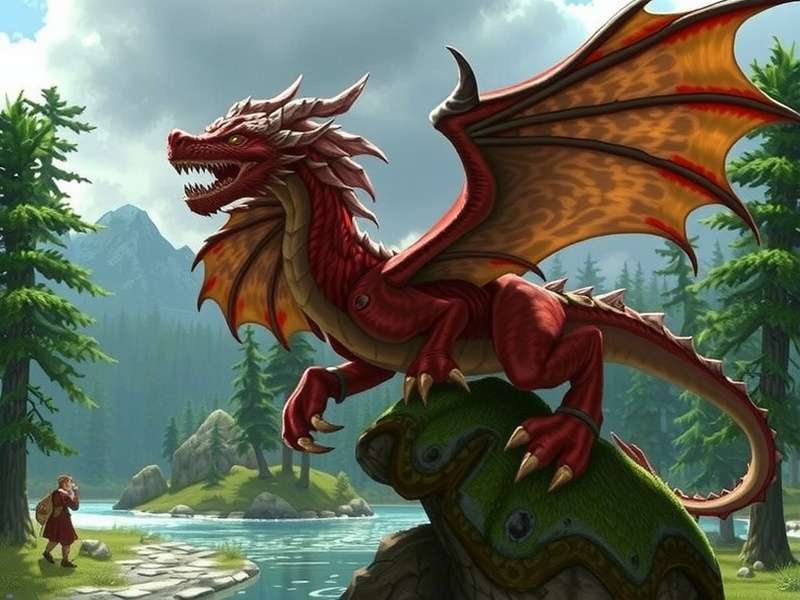 A sweeping vista of the Dragon Wilds region in RuneScape, showing volcanic terrain and dragons flying overhead.