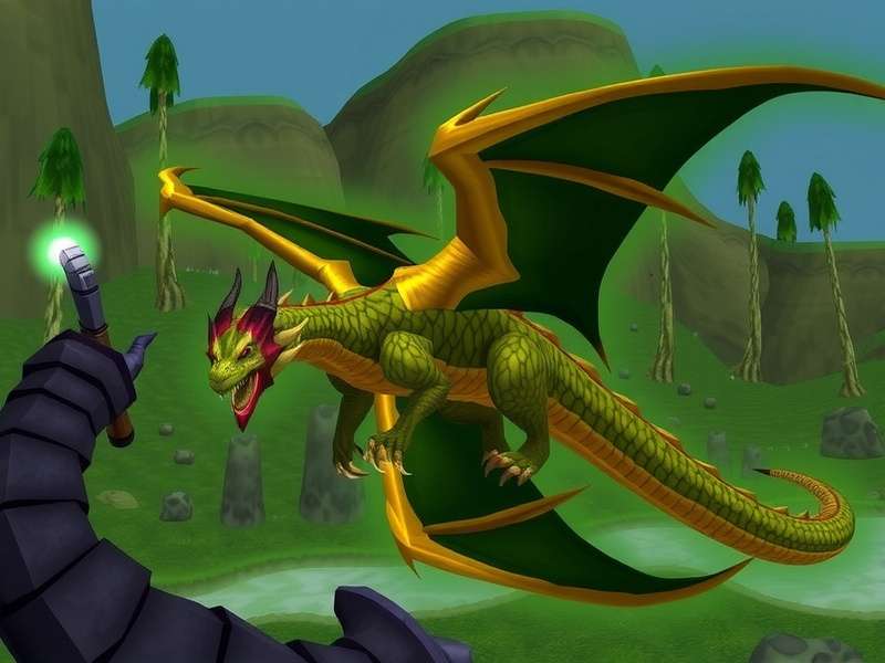 Panoramic view of the Dragon Wilds showing volcanic peaks and flying dragons