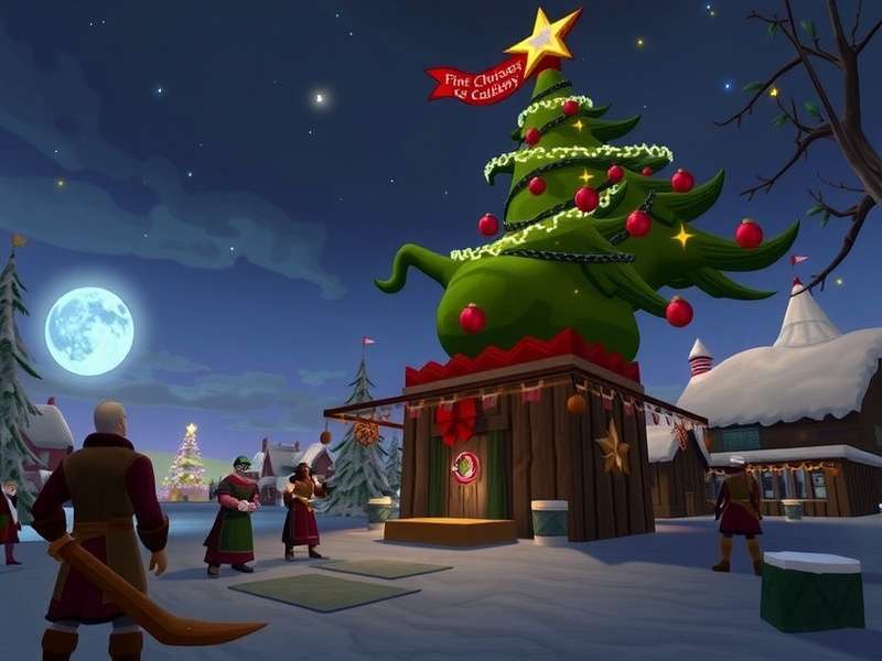 Festive scene in RuneScape's Taverley during the Christmas Reunion event showing snow-covered buildings and players celebrating