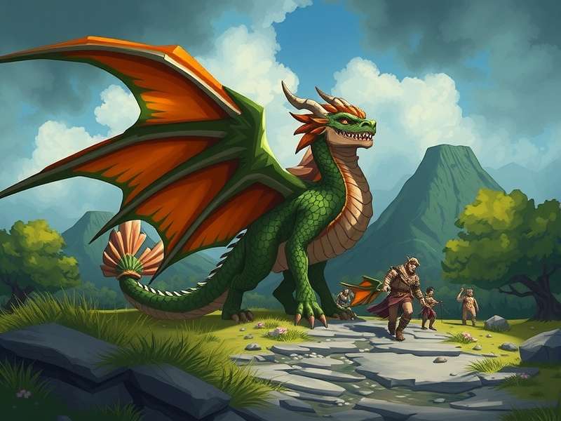 A dramatic landscape of the Dragonwilds with mountains and a dragon silhouette