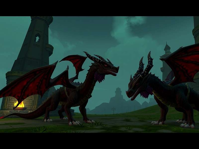 A dramatic view of the RuneScape Dragonwilds region with dragons flying overhead